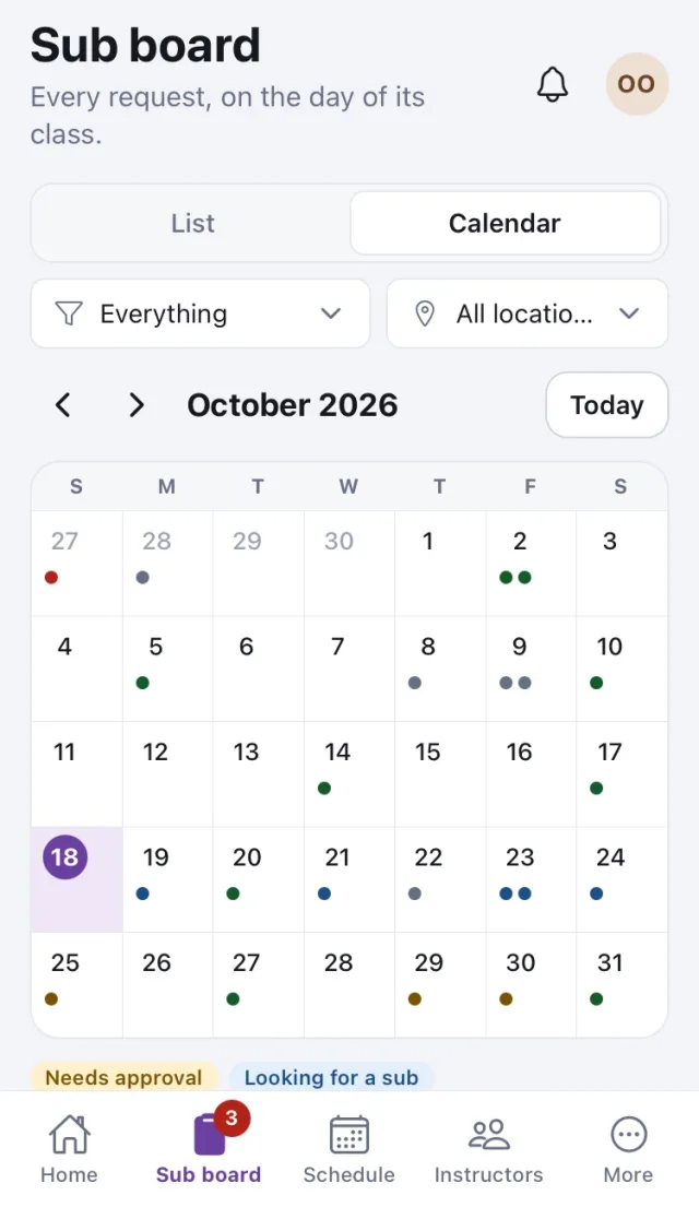 The Sub board as a month calendar, with a coloured dot on each day that has a request.