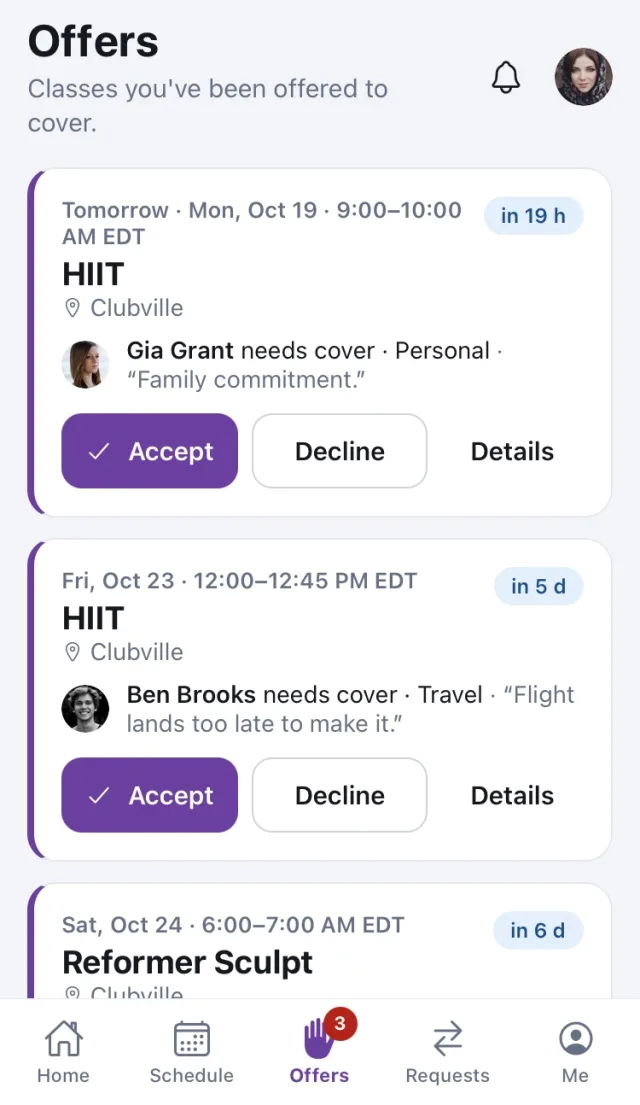 The Offers screen in Subs: two classes offered to an instructor, each with the class, studio and time, and Accept and Decline buttons.