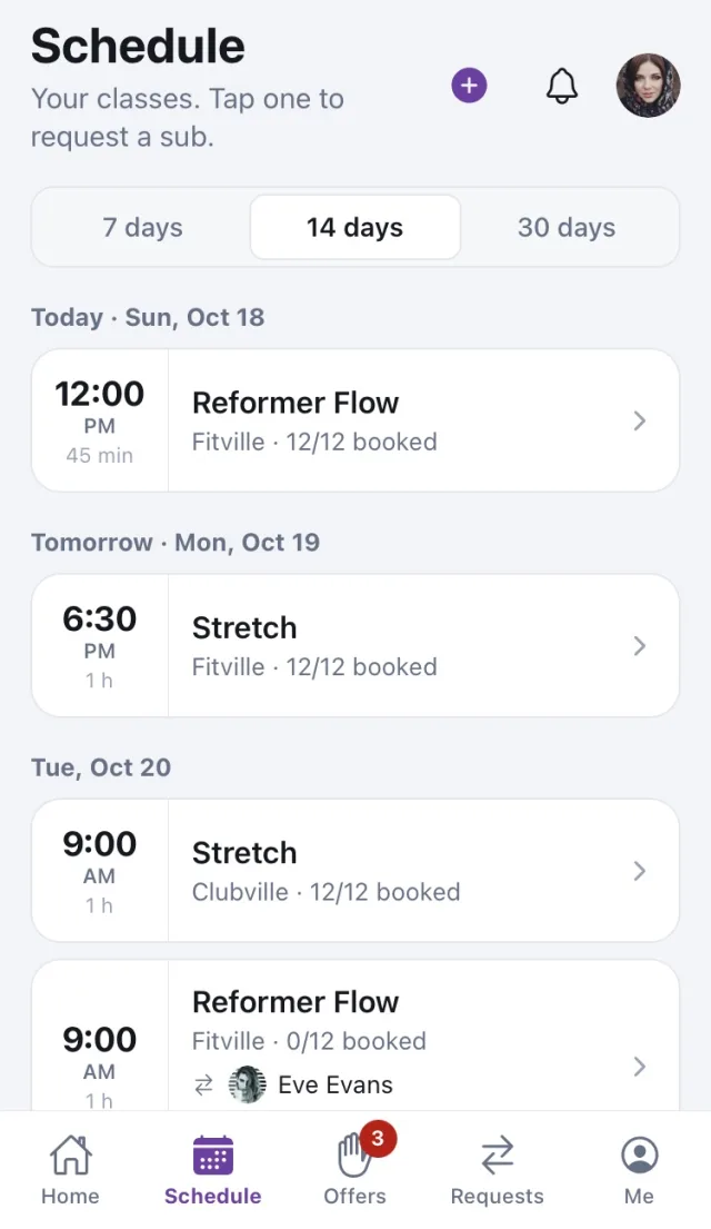 The Schedule screen: an instructor's upcoming classes over 14 days. Tapping one starts a sub request.
