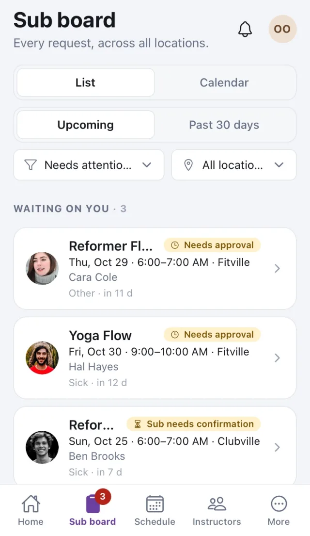 The Sub board: upcoming requests across all locations, with status chips such as Needs approval and Sub needs confirmation.